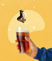 Contemporary art collage. Young man falling down into glass with lager beer isolated over yellow background