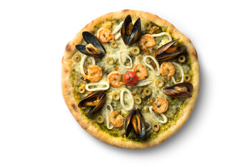 Pizza with seafood and cheese, Ukrainian cuisine. Photo of food on a white background