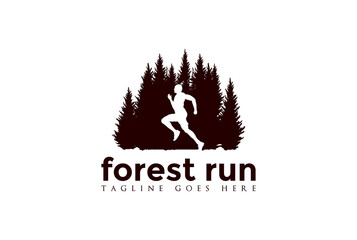 Pine Cedar Evergreen Conifer Larch Cypress Trees Forest with Marathon Running Man Male for Sport Logo Design