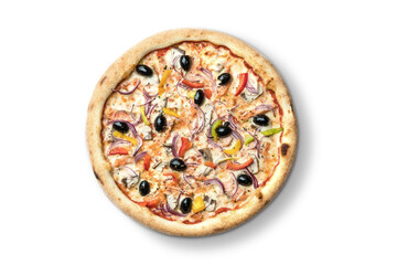 Pizza with meat and olives and cheese, Ukrainian cuisine. Photo of food on a white background