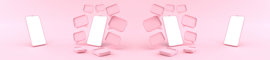3D rendering. Pink Smartphone white screen Surrounded by a Many pink chat symbols. Smartphone white screen can be used for commercial advertising, on the pink background, illustration.
