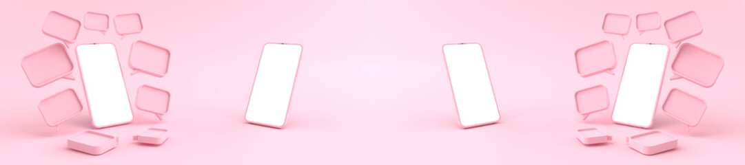 3D rendering. Pink Smartphone white screen Surrounded by a Many pink chat symbols. Smartphone white screen can be used for commercial advertising, on the pink background, illustration.v