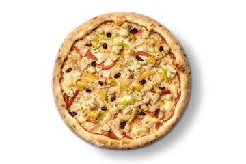 Pizza with meat and cheese, Ukrainian cuisine. Photo of food on a white background