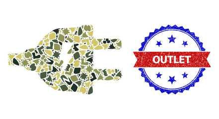 Military camouflage mosaic of electric supply plug icon, and bicolor scratched Outlet seal stamp. Vector seal with Outlet caption inside red ribbon and blue rosette, scratched bicolored style.