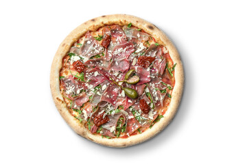 Pizza with meat and cheese, Ukrainian cuisine. Photo of food on a white background