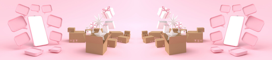 3D rendering of Smartphone white screen surrounded by and cardboard box with gifts. Concept of shopping on a mobile phone and Can fill the content on the white phone screen isolated on pink background