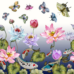 Beautiful decorative japanese carp koi fish (Cyprinus carpio) and lotus flowers,butterflies. Seamless border. Watercolor painting. Greeting cards, textile, wallpaper, bed linen design - 501603716