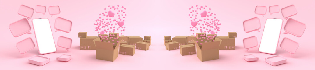 3D rendering of Smartphone white screen surrounded by cardboard box with Many hearts are floating. Concept of Heart and love on a mobile phone and concept valentine day isolated on pink background.