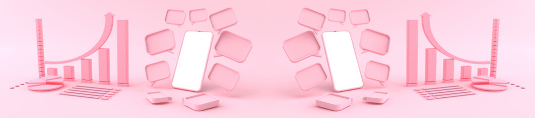 3D rendering of mockup pink smartphone white screen opposite of Mock up of pink graph and circle graph. Smartphone white screen can be used for commercial advertising, Isolated on pink background.