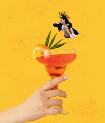Contemporary art collage. Funny looking young woman jumping into delicious cocktail isolated over yellow background