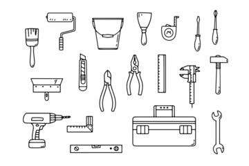 Obraz premium Set of tools for construction and repair. Simple linear icons. Doodle style