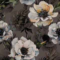 Beautiful anemone flower with green leaves on gray background.  Seamless floral pattern. Watercolor painting. Hand drawn and painted illustration - 501604176