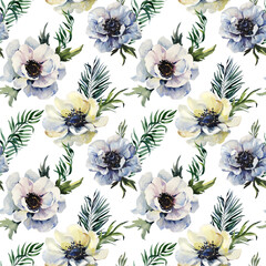 Beautiful anemone flower with green leaves on white background.  Seamless floral pattern. Watercolor painting. Hand drawn and painted illustration - 501604178