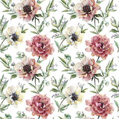 Beautiful peony, anemone flowers with leaves on background. Seamless floral pattern, border. Watercolor painting. Hand drawn illustration. Design for fabric, wallpaper, bed linen, greeting card design - 501604179