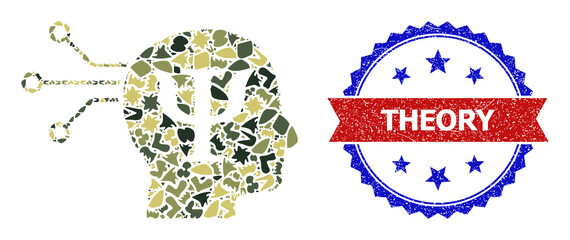 Military camouflage composition of mental programming icon, and bicolor dirty Theory watermark. Vector watermark with Theory title inside red ribbon and blue rosette, scratched bicolored style.