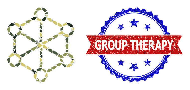 Military Camouflage Mosaic Of Net Nodes Icon, And Bicolor Rubber Group Therapy Seal. Vector Seal With Group Therapy Text Inside Red Ribbon And Blue Rosette, Retro Bicolored Style.