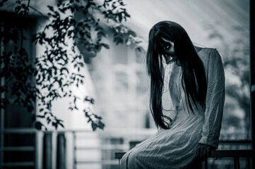 Portrait of asian woman make up ghost,Scary horror scene for background,Halloween festival...