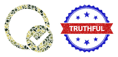 Military camouflage mosaic of validation circle icon, and bicolor scratched Truthful seal. Vector seal with Truthful title inside red ribbon and blue rosette, scratched bicolored style.