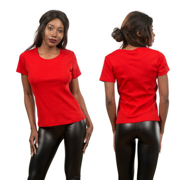 Young black woman wearing blank red shirt