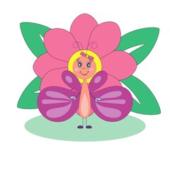 Butterfly character. Against the background of a flower. Flat cartoon illustration isolated on white background.
