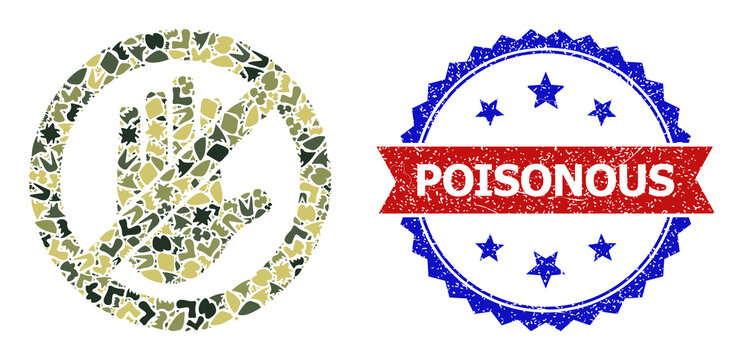 Military camouflage mosaic of do not touch icon, and bicolor scratched Poisonous watermark. Vector watermark with Poisonous tag inside red ribbon and blue rosette, retro bicolored style.
