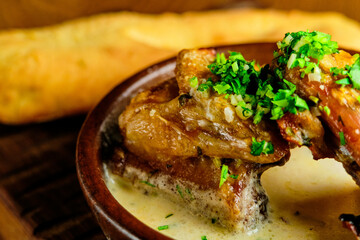 Butadon, Japanese rice bowl dish consisting of bowl of rice topped with pork belly simmered surved with with Japanese oden soup.