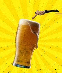 Contemporary art collage. Funny man diving into cool foamy lager beer isolated over yellow background