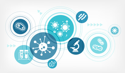 Microbiology / microorganism / microbe vector. Concept with icons related to cell / virus / bacteria, laboratory disease research, molecular biology, medical study, blood test, immune system.