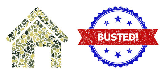 Military camouflage collage of old decayed house icon, and bicolor scratched Busted! seal. Vector imprint with Busted! title inside red ribbon and blue rosette, scratched bicolored style.