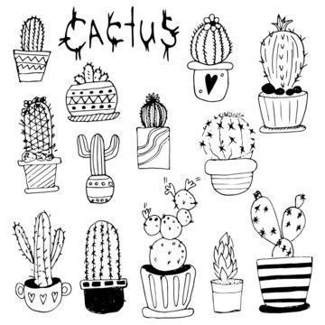 Vector set of cute cactus doodles in pots.