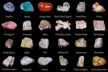 beautiful collection of geological minerals on a black background