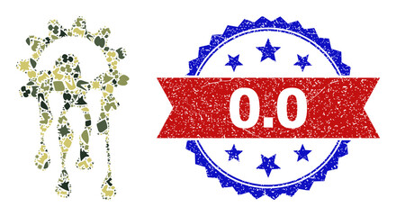 Naklejka premium Military camouflage combination of melting gear icon, and bicolor dirty 0.0 seal. Vector seal with 0.0 caption inside red ribbon and blue rosette, scratched bicolored style.