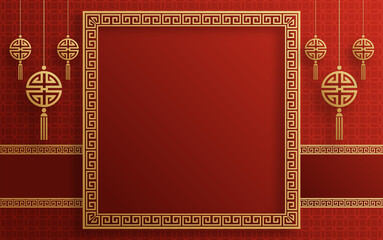 Fototapeta na wymiar Chinese frame background red and gold color with asian elements.