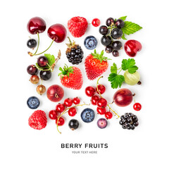 Berry fruits and leaves creative pattern.