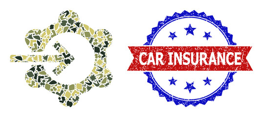 Military camouflage collage of gear wheel integration icon, and bicolor scratched Car Insurance seal stamp. Vector seal with Car Insurance title inside red ribbon and blue rosette,