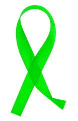 Green awareness ribbon isolated on a white background, top view.