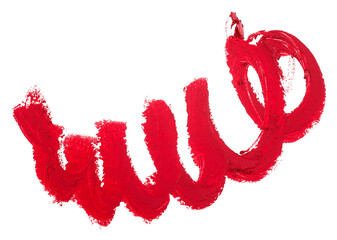 Red lipstick stroke isolated on a white background, top view.