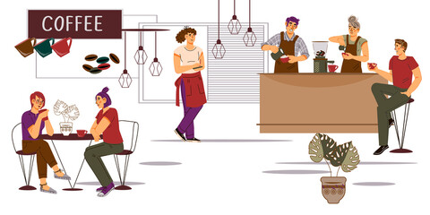 People in coffee shop interior. Barista and customers inside coffeehouse or cafe, cafeteria, flat vector illustration.