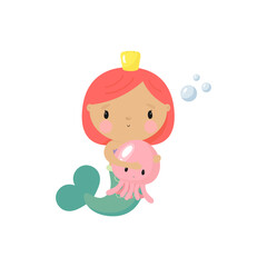 Cute Mermaid with jellyfish . Cartoon style. Vector illustration. For card, posters, banners, children books, printing on the pack, printing on clothes, fabric, wallpaper, textile or dishes.