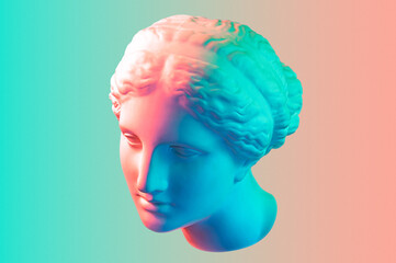 Gypsum copy of the ancient statue of Venus de Milo in pastel tone for artists on pink blue...