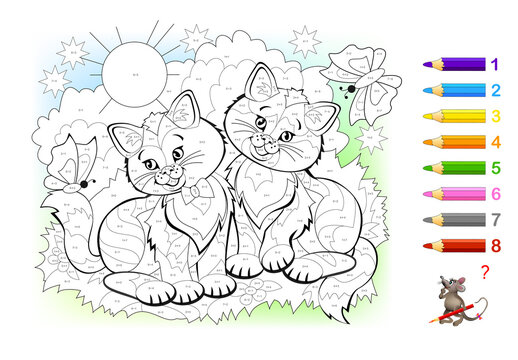 Math education for little children. Coloring book. Mathematical exercises on addition and subtraction. Solve examples and paint the kittens. Developing counting skills. Worksheet for kids.