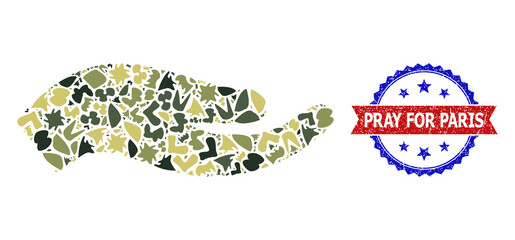 Military camouflage combination of petition hand icon, and bicolor unclean Pray for Paris seal. Vector watermark with Pray for Paris tag inside red ribbon and blue rosette, unclean bicolored style.