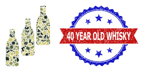 Military camouflage composition of beer bottles icon, and bicolor grunge 40 Year Old Whisky watermark. Vector watermark with 40 Year Old Whisky title inside red ribbon and blue rosette,