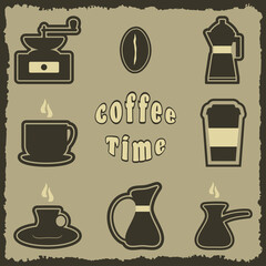 Coffee collection Decoration for showcase, corporate identity Coffee icons set Vector illustration on grunge background