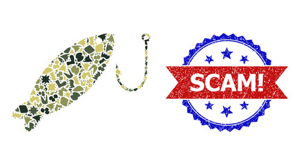 Military camouflage mosaic of fishing icon, and bicolor grunge Scam! seal. Vector imprint with Scam! tag inside red ribbon and blue rosette, grunge bicolored style.