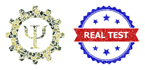 Military camouflage mosaic of mental techniques icon, and bicolor rubber Real Test watermark. Vector imprint with Real Test text inside red ribbon and blue rosette, retro bicolored style.