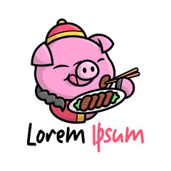 A CUTE HAPPY PIG IS WEARING CHINESE CLOTHING AND EATING MEAT