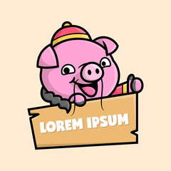 THE CUTE PIG IS WEARING CHINESE CLOTHING AND HOLDING A WOODEN BOARD CARTOON MASCOT