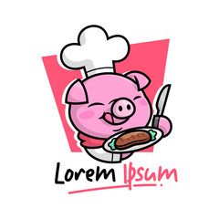 CUTE SMILING PIG WEARING CHEF UNIFORM AND HAT CARTOON MASCOT LOGO