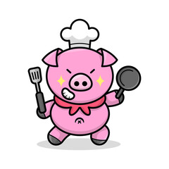 FUNNY PIG CHEF IS BRINGING PAN AND SPATULA CARTOON MASCOT LOGO